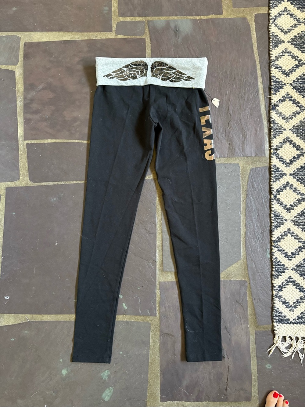 Y2K Vintage Victoria's Secret Black Leggings Wing-Print Foldover Waistband